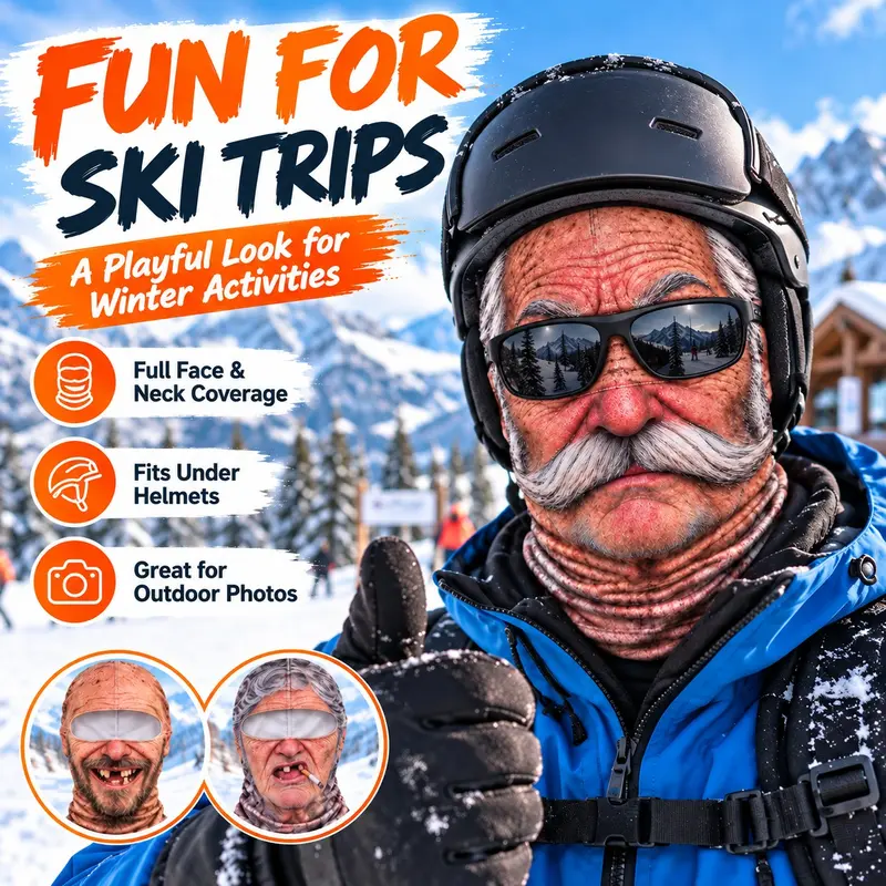Face-print ski mask paired with ski goggles and a helmet