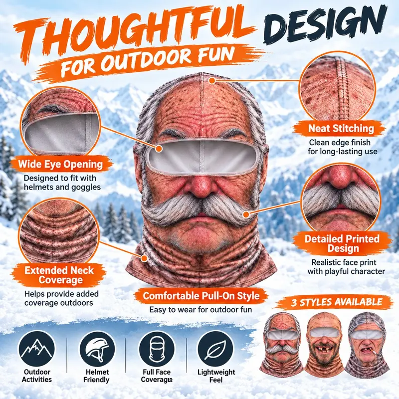 Eye opening, stitching, face print and extended neck details