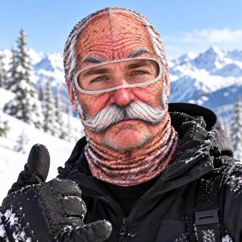 Grandpa face-print balaclava worn in a snowy mountain setting