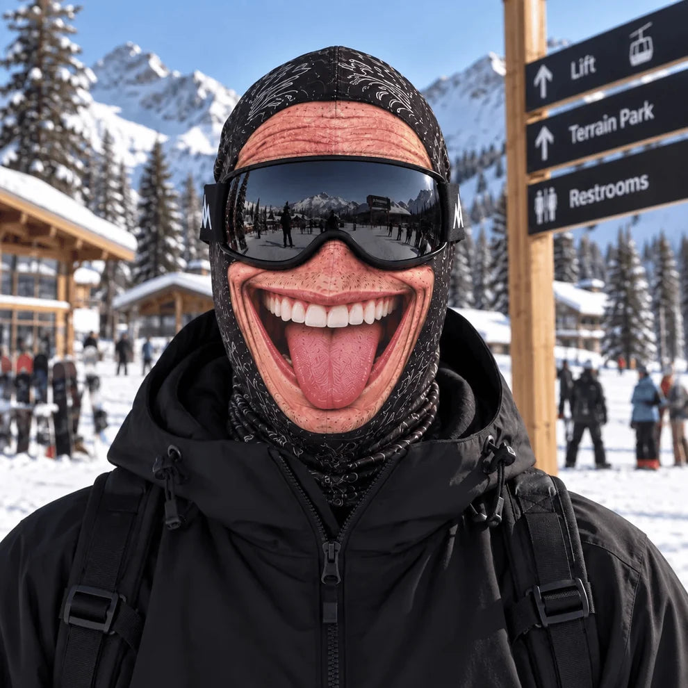 Tongue Out face-print hood worn with goggles