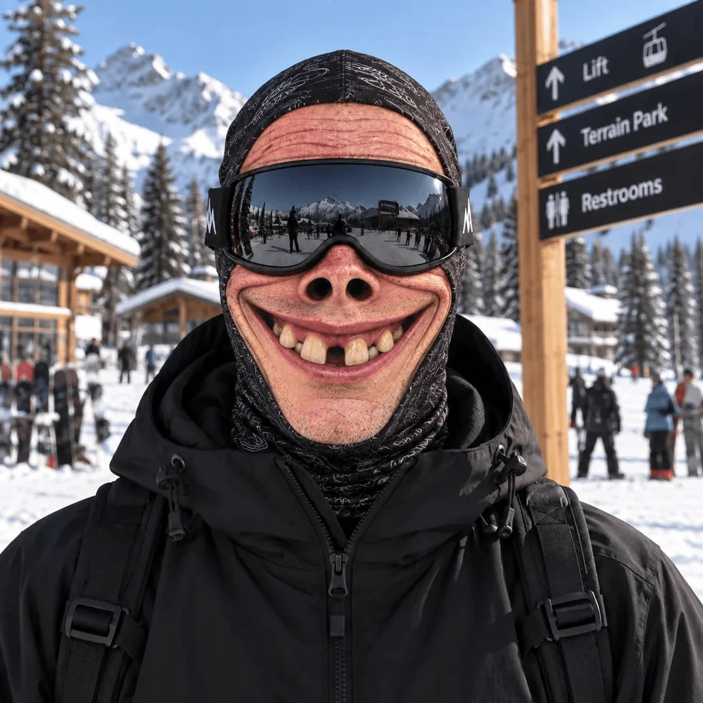Gap-Tooth Grin hood with exaggerated nose and missing-tooth smile